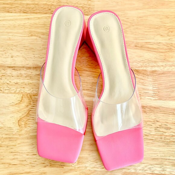 Women's 8.5 Hot Pink/Clear Block Heel Square Toe Mule Slide Summer Sandals - Picture 6 of 11